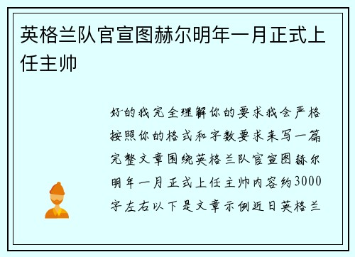 英格兰队官宣图赫尔明年一月正式上任主帅